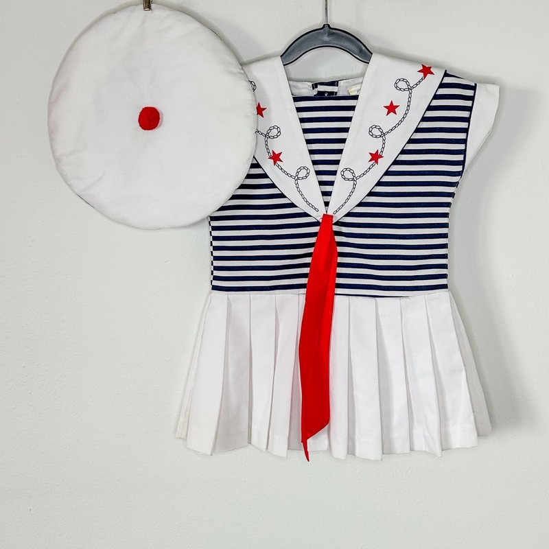 Vintage Sailor Dress Hat Set Toddler 2T Navy White Nautical Pleated Costume