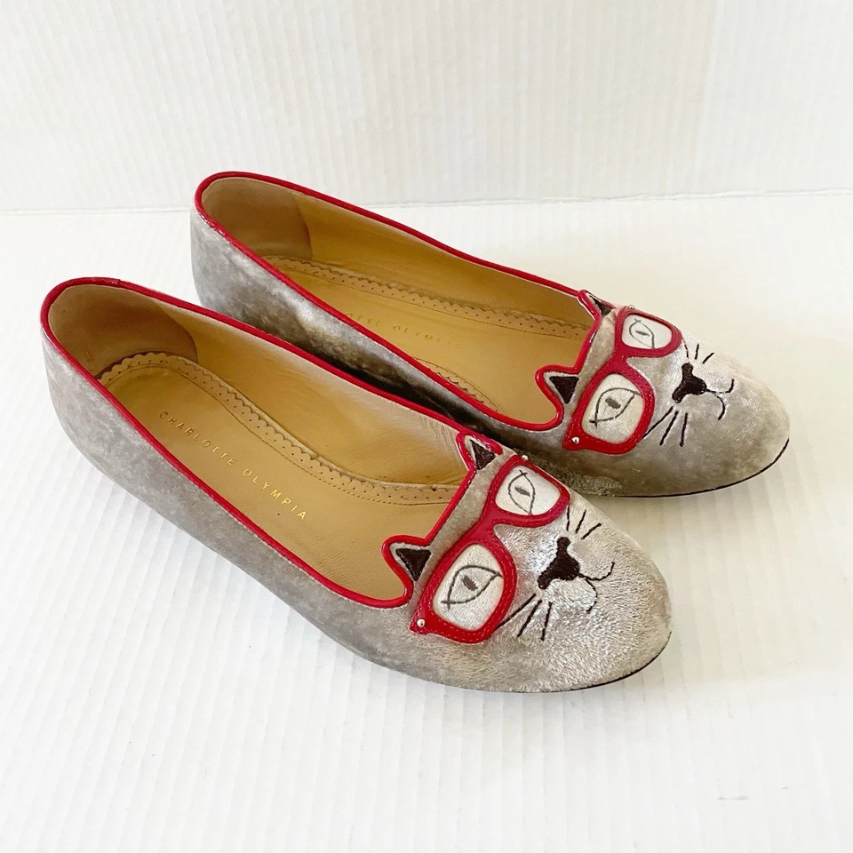 CHARLOTTE OLYMPIA Cat Sunkissed Kitty Embroidered Velvet Flats cat flats Size 38 - Image 3 of 4