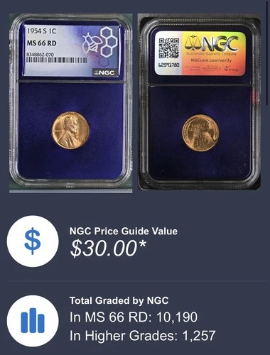 1954-S 1C Lincoln Wheat Cent NGC MS66 RD TreaderBea Purple Core! $30 PRICE GUIDE
