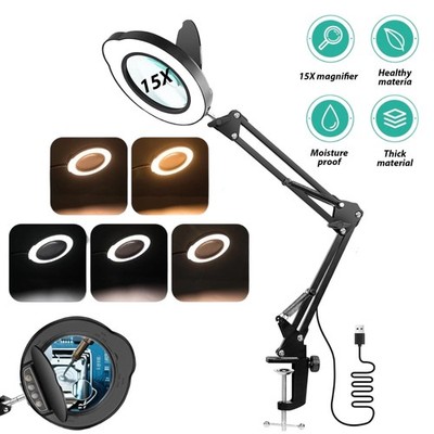 Magnifying Glass with Light and Clamp, 15X Desk Magnifying Lamp, 84 LED Real