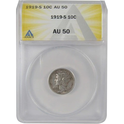 1919 S Mercury Silver Dime AU 50 ANACS 10c Coin SKU:I25064