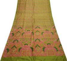 Sushila Vintage Green Saree 100 Pure Silk Printed Floral 5 YD Soft Craft Fabric