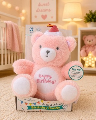 Dreamgro Sing & Shine Birthday Buddy Pink Teddy Bear Lights Music Plush Toy NIB