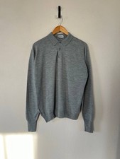 John Smedley Gray Wool Knit Pullover Sweater Collared Button Men's Long Sleeve L