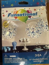 17 inch Latex Confetti Balloons - Round Clear 3 Pack with Ribbon Blue Confetti