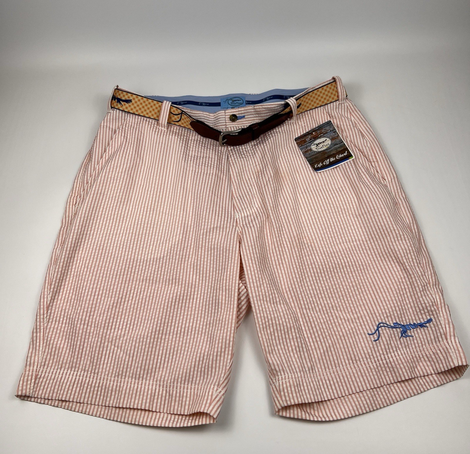 True Flies Shorts Pink White Seersucker Men's Sz 38 Pink Stripped