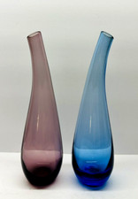Set Of 2 Hand Blown Purple & Blue Art Glass Bent Neck Vases 10"