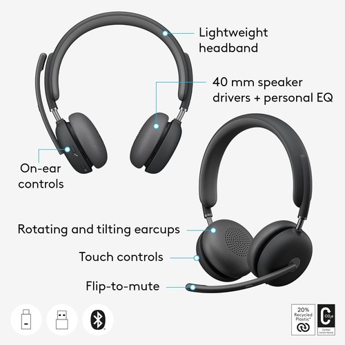 Logitech - Zone 950 kabelloses aktives geräuschunterdrückendes On-Ear-Headset - Graphit - Bild 3 von 5