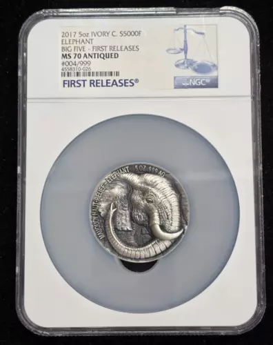 2017 Ivory Coast Big Five Elephant NGC MS70 Antiqued 5oz Silver Coin Serial #4