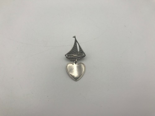 Sailboat Pin Brooch Dangling Heart Charm Engravable Sweetheart Vintage Small - Picture 2 of 5