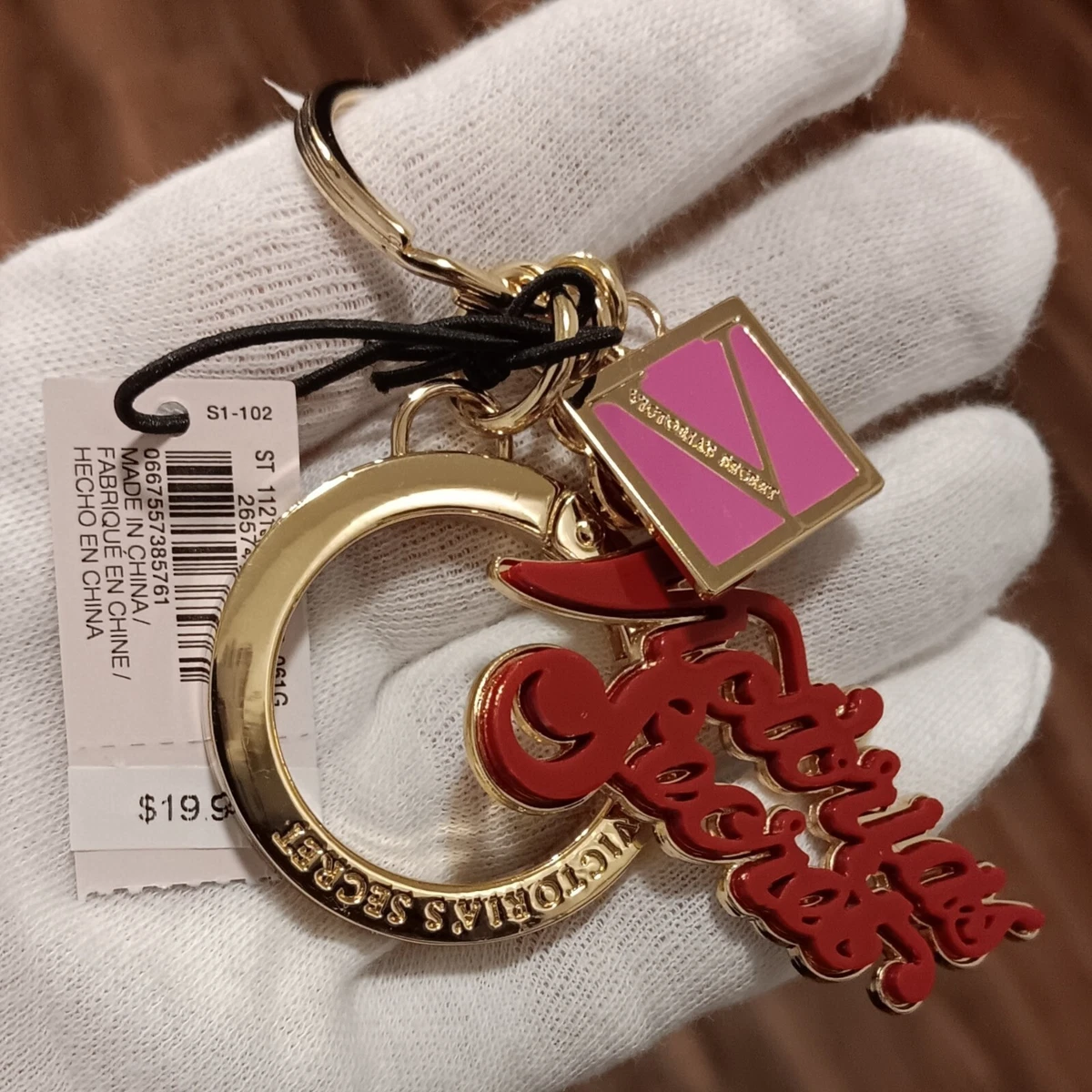 VICTORIAS SECRET KEYCHAIN BAG CHARM GOLD MONOGRAM LOGO KEY RING NWT