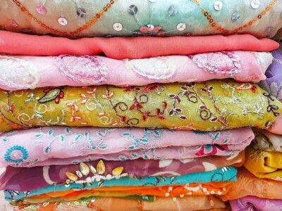 AMZ Vintage Sari Georgette Fabric Remnant 15 Pieces Embroidered Arts & Craft