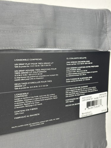 Juego de sábanas de satén Ralph Lauren CAL KING Dunham gris carbón 100 % algodón 300 TC - Imagen 11 de 13