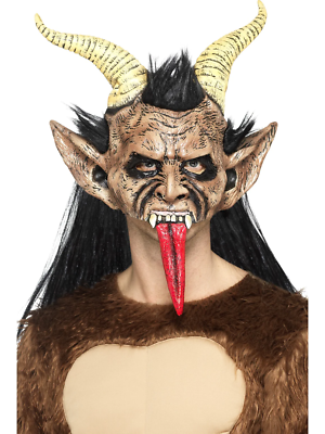 Beast / Krampus Demon Mask Brown Latex Overhead With Hair & Horns
