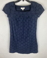 Loft Womens Dress 0 Navy Blue A Line Short Sleeve Lined Eyelet 100% Cotton