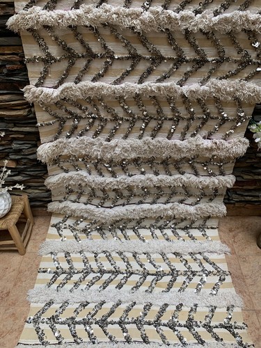Moroccan Vintage Handira Wedding Blanket Handmade Berber Sequins Rug 03YS00451 - Picture 4 of 12