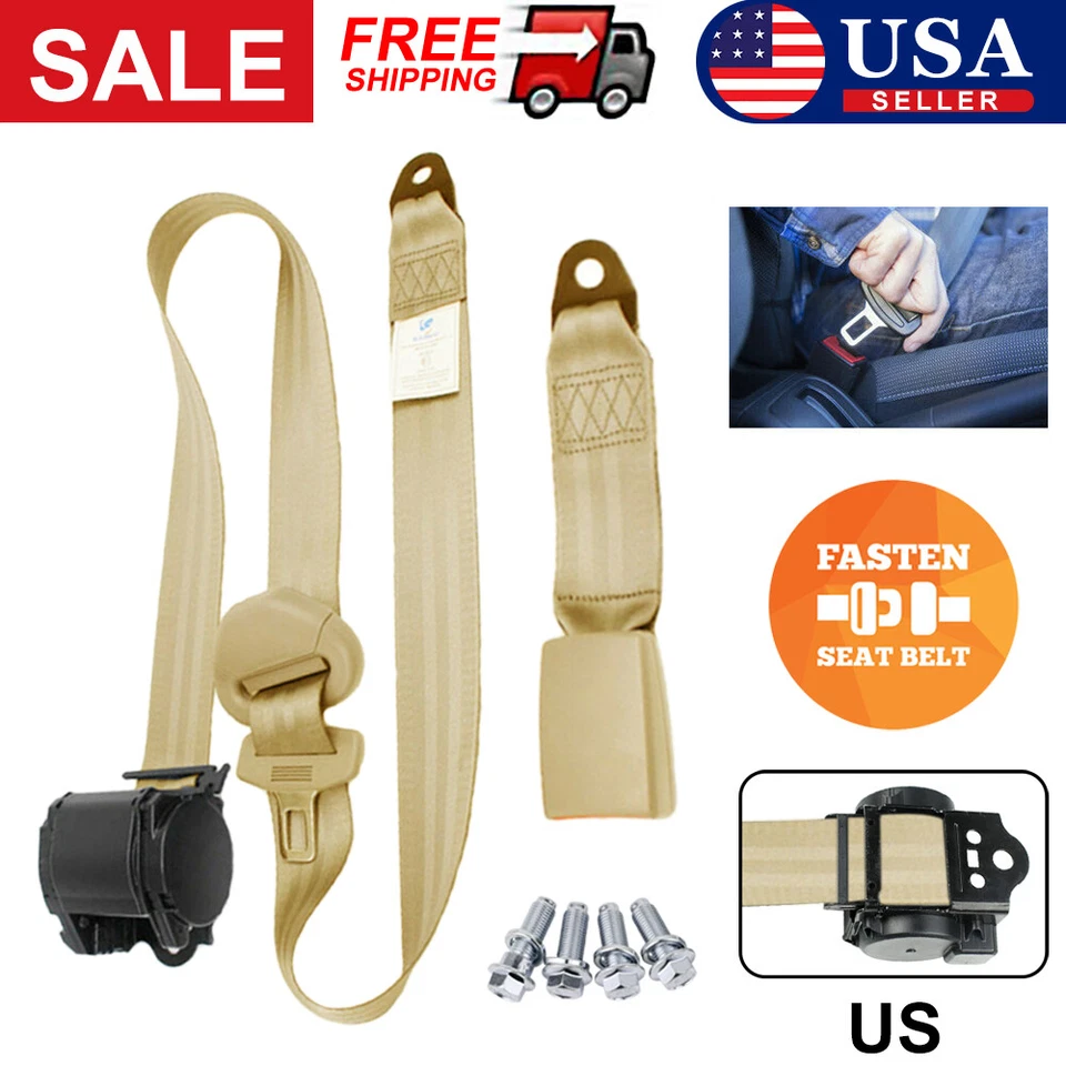Retractable 3Point Safety Seat Belt Straps Car Vehicle Adjustable Belt Kit Beige - Image 2 of 4