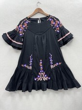 Free People Women’s XS Tiered Ruffle Embroidered Dress Bell Sleeve Boho