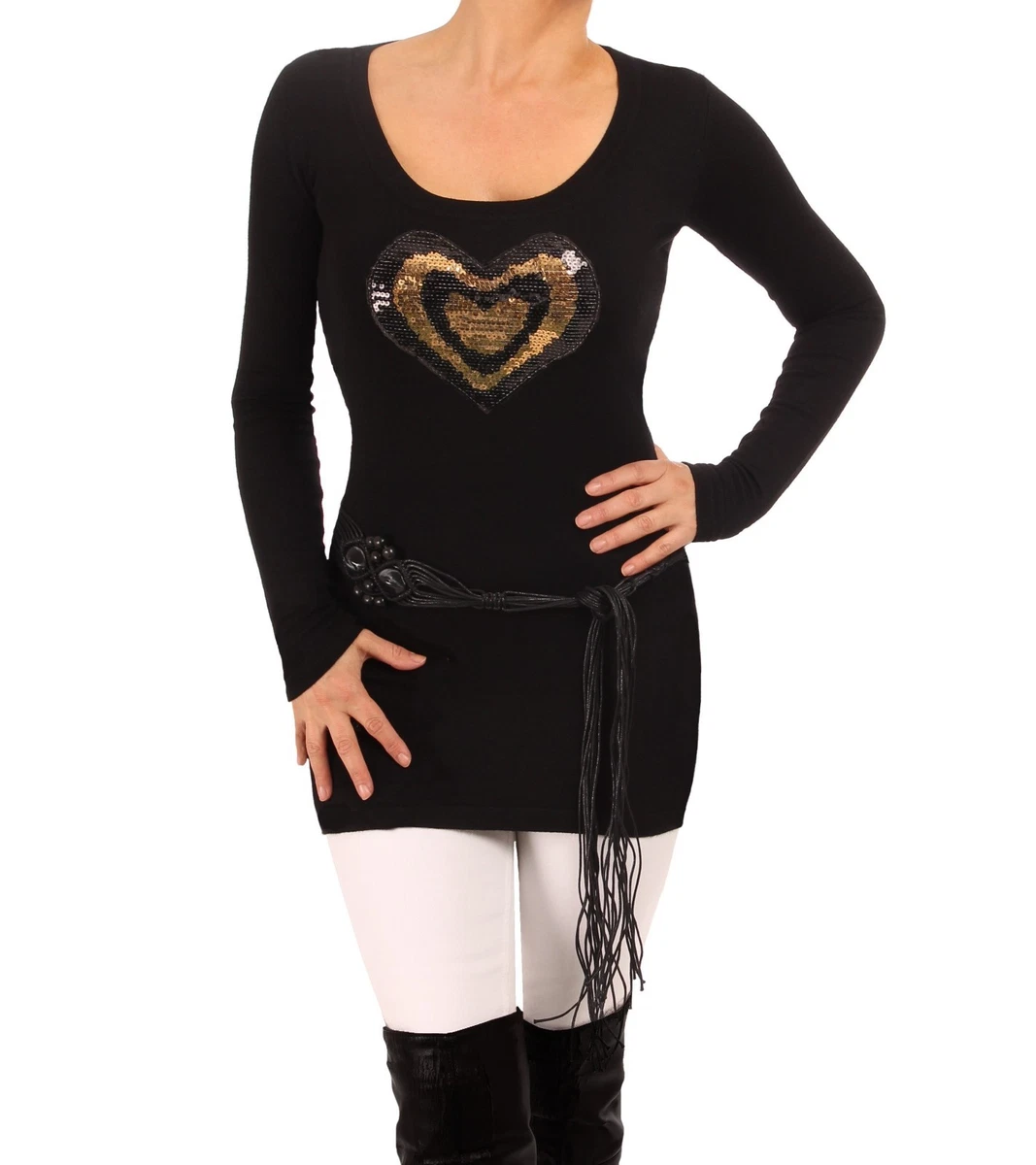 New Black and Gold Sequin Heart Jumper Long Sleeves eBay