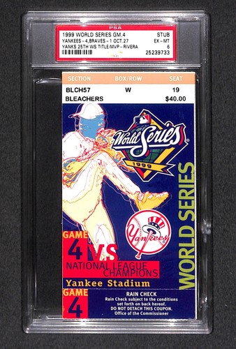 1999 WORLD SERIES GAME 4 TICKET NEW YORK YANKEES "CLINCH 25th WS TITLE" PSA 6 - Afbeelding 1 van 2