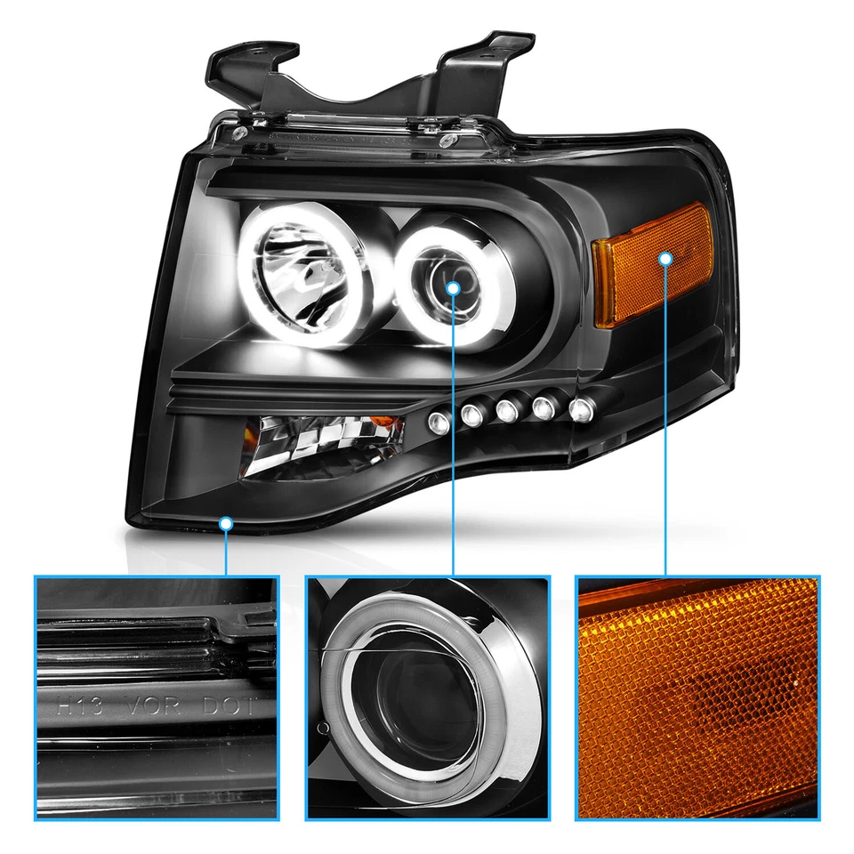2007-2014 Ford Expedition Black Xtreme LED Halos Projector Headlights Foto 4 de 4