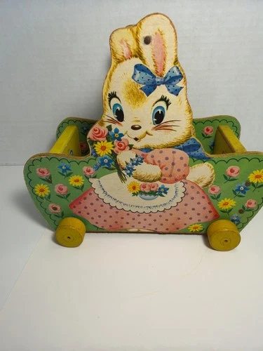 Vintage 1960s Fisher-Price #310 BUNNY Rabbit EASTER CART Pull Toy Wood Litho