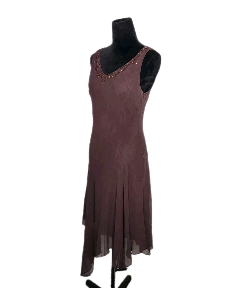 Vestido Robbie Bee Y2K 100% Seda Marrón Cuentas Midi Asimétrico Talla 16 Hada Capricho Foto 2 de 4