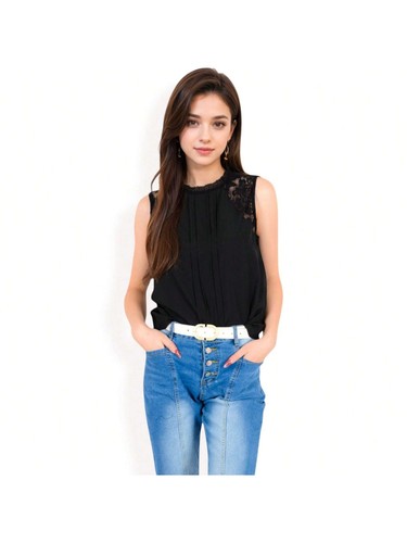 Women's Sleeveless Blouse With Lace Yoke And Pleated Front - Bild 10 von 28