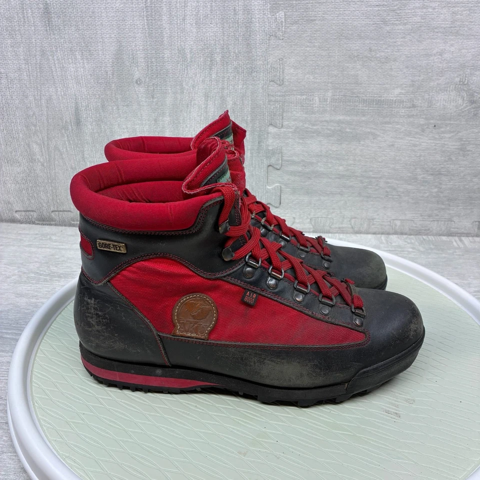 Botas de caminhada masculinas vintage de couro AKU 8,5 preto vermelho montanhismo feitas na Itália - Imagem 4 de 4