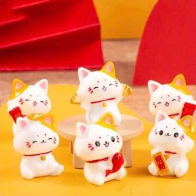 Lucky Cat Set of 6, White Maneki-neko Figurines, Lucky Charm,