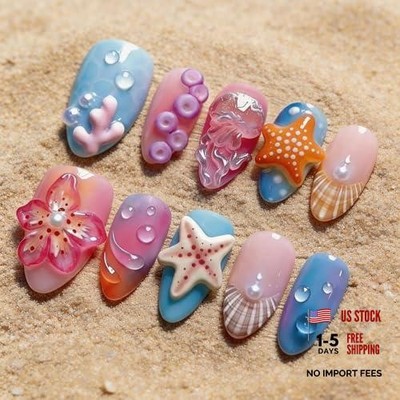 30pcs Summer Press on Nails Medium Almond Fake Nails with 3D Press on Nails-17