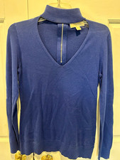 Michael Kors Women's Solid Blue V-Neck Knit 1/4 Zip Pullover Sweater M
