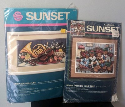 Vintage 90s Bundle Sunset Needle Point Kits Teddy Bears and Serenade Still Life