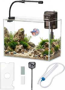 3 Gallon Glass Betta Fish Tank Kit with Filter, Light & Lid - Starter Aquarium