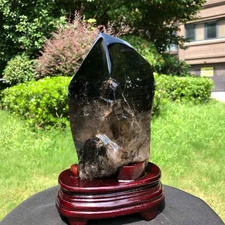 7.45LB Natural smoky quartz obelisk mineral specimen tea-crystal healing+stand