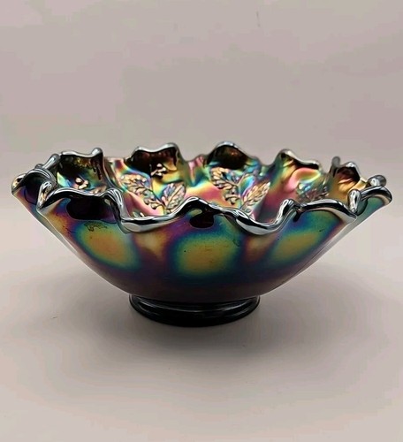 Fenton Black Amethyst Iridescent Carnival Glass Holly Berry Ruffled 8 1/4" Bowl - Picture 6 of 16