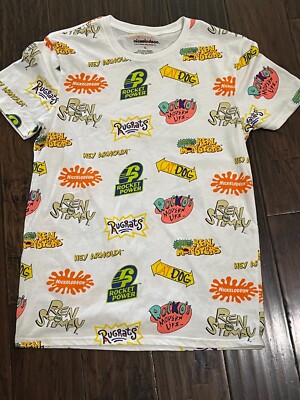Nickelodeon White All Over Rugrats Hey Arnold Ren Stimpy T-Shirt 2 sided Small