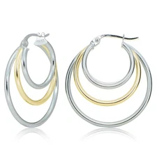 Sterling Silver Two-Tone Triple Circle 27mm Round Hoop Earrings