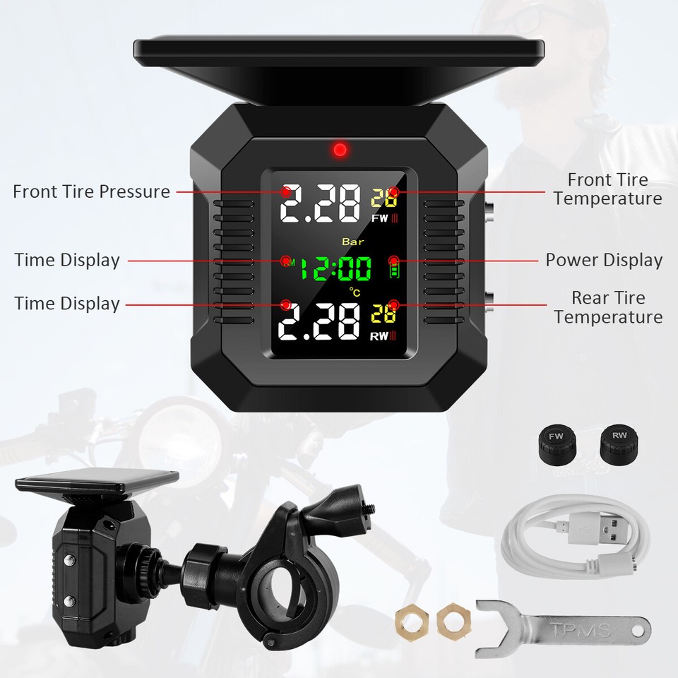 Motorcycle TPMS Tire Pressure Monitoring System Solar Wireless