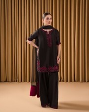 Latest Presenting Pure Natural Crepe Black Top Palazzo And Dupatta For Women