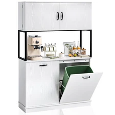 TC-HOMENY Kitchen Pantry Cabinet with Tilt Out Trash Bin Cabinet Hutch Cupboard