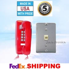 RETRO RED PUSH BUTTON VINTAGE STYLE CORDED WALL PHONE + STAINLESS WALL PLATE