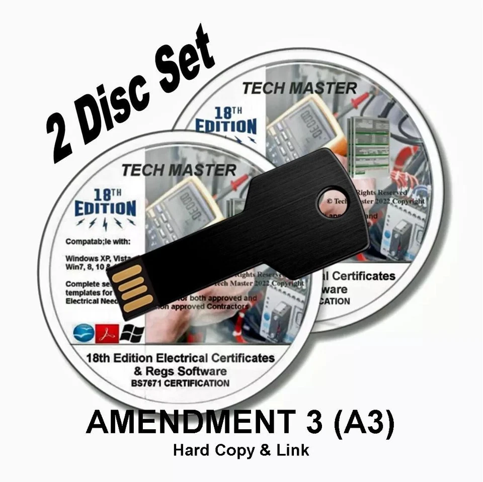 TECH MASTER 18th EDITION 2024 AMEND 3 ELECTRICAL CERTIFICATES BS7671 2 discs ON 1 USB STICK