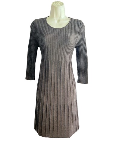 Eileen Fisher Petite PP Brown Ribbed Pleated 100% Fine Wool Knit Dress Size 4 - Picture 2 of 10