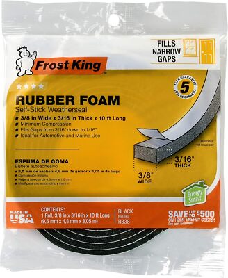 Frost King R338H Self-Stick Rubber Foam Weatherseal, 3/8''W, 3/16''T, Black|Blacks
