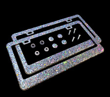 2 Bling Holographic Chunky Silver Glitter License Plate Frames Covers White