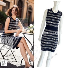 CHANEL 17PS Navy Ivory Chain Turn Lock Pattern Cashmere Knit Dress 38 US6