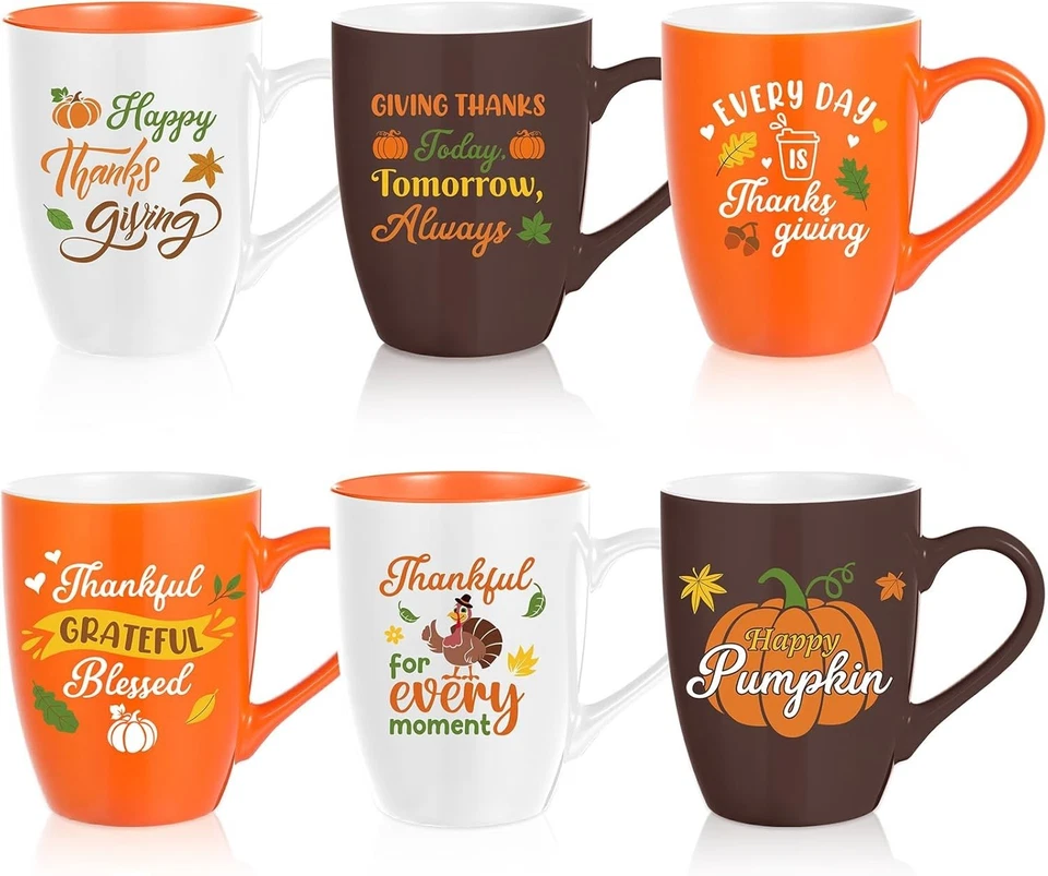 Paquete de 6 tazas de café Shellwei de Acción de Gracias - Juego de tazas de cerámica reutilizables de otoño de 16 oz Foto 2 de 4