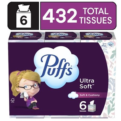 Puffs Ultra Soft Facial Tissues, 6 Mega Cube Box, 72 Facial Tissues Per Box