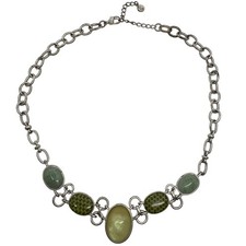 Liz Claiborne Silver Tone Statement Necklace Green Stone Oval Pendant Bib Style